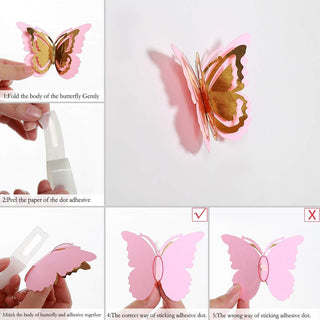 27PCS Gold and Pink Butterfly Decorations Stickers 3D Butterfies Wall Decor 3