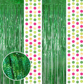 Foil Fringe Curtain Backdrops and Circle Garlands Set in Green (6pcs) 1