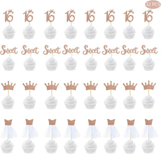 32Pcs Rose Gold Sweet Sixteen Birthday Cake Decorations 16th Glitter Cake Topper  5