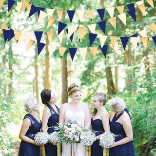 Wedding Banner of Triangle Pennant Flag in Navy Blue, Gold & Beige (30Ft) 4