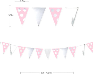 Pennant Bunting Flags in Silver and Pink Polka Dot 30ft 5