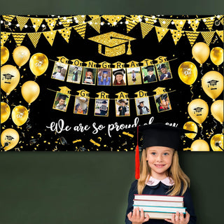 2024 Black Gold Graduation Party Decorations Congrats Grads Photo Banner Backdrop 6