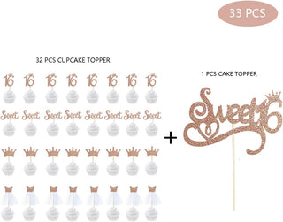 33Pcs Rose Gold Sweet Sixteen Cupcake Topper 16th Birthday Cake Topper 5