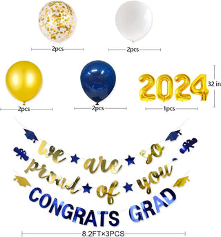 Graduation Party 2024 Foil Balloons and Banners Set in Navy Blue and Gold (12 pcs)  5