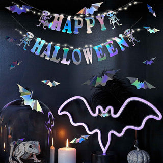 'Happy Halloween' Iridescent Banner with 3D Bat & Skull Stickers 5