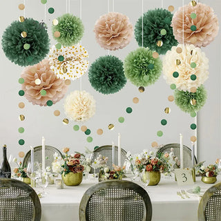 Green, Beige and Gold Tissue Paper Pom Poms Flower and Garlands (15pcs)  2