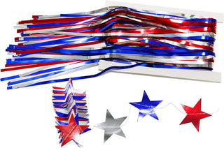 Fringe Curtains and Star Garlands in Red, Blue and Silver 52ft 5