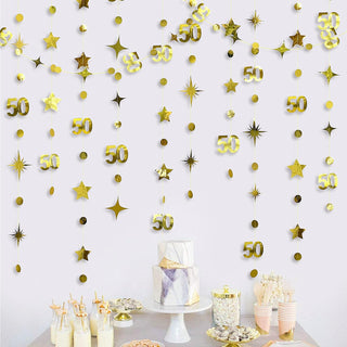 50th Birthday Garland in Gold with Number 50, Dots and Stars 5