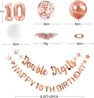 Happy 10th Birthday Foil Balloons and Banners Set in Rose Gold 6