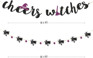 ‘Cheers Witches’ Halloween Banner with Purple Black Paper Fan & Pom 6