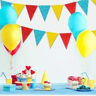 Glitter Pennant Bunting Flags in Yellow, Blue and Red 4