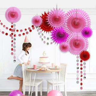 Rose, Red, Pink and Silver Hanging Pom Pom Paper Fans Set (26ft) 4