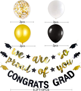 Graduation Party Balloons and Banners Set in Gold and Black (11 pcs) 6