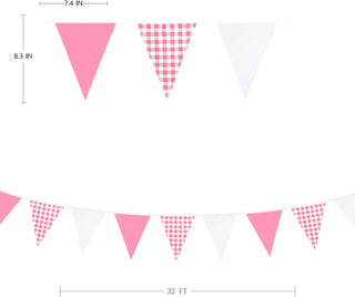 Girl's Birthday Fabric Flag Banner in Hot Pink, Gingham & White (32Ft) 6