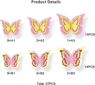 27PCS Gold and Pink Butterfly Decorations Stickers 3D Butterfies Wall Decor 6
