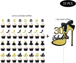 30th Birthday Cake Toppers Set in Gold and Black (33pcs) 6