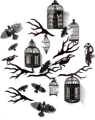 3D Glitter Black Crow & Cage Wall Sticker Halloween Decorations 1