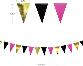 Hot Pink Black Gold Hanging Paper Triangle Flag Banner for Hen Party (30Ft) 7