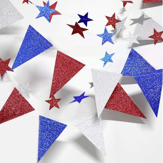 Bunting Flags and Star Garlands in Red, Blue and Silver 26ft 6