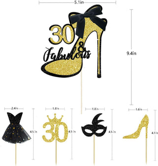 30th Birthday Cake Toppers Set in Gold and Black (33pcs) 7