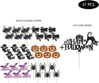 Happy Halloween Cake Toppers with Black Cat, Pumpkin, Ghost & Witch (37pcs) 6