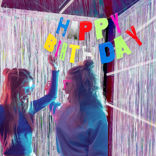 Neon Happy Birthday Banner And Tinsel Backdrop Set (4pcs) 2