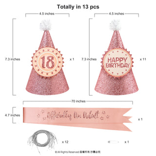 18th Birthday Sash and Party Hats Set in Rose Gold (13pcs) 5