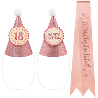 18th Birthday Sash and Party Hats Set in Rose Gold (13pcs) 1