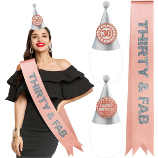 30th Birthday Sash and Party Hats Set in Silver and Rose Gold (13pcs) 1