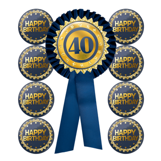 40th Birthday Badge and Button Pins Set in Navy Blue and Gold (9pcs) 1