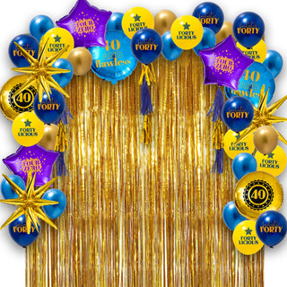 40th Birthday Balloons, Curtains and Garlands Kit in Navy Blue and Gold Milestone 59pcs