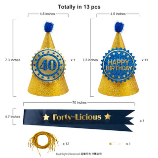 40th Birthday Sash and Party Hats Set in Navy Blue and Gold (13pcs) 6