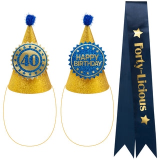 40th Birthday Milestone Accessories Sash and Party Hats Set in Navy Blue and Gold