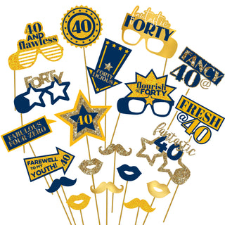 40th Birthday Milestone Gold and Navy Blue Selfie Props 20 pcs 