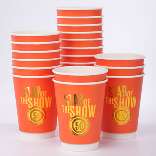 50th Birthday Paper Cups in Gold and Orange Milestone