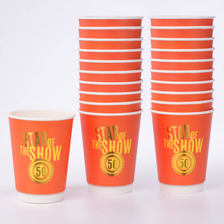 50th Birthday Paper Cups in Gold and Orange Milestone