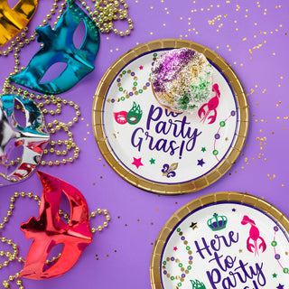 Mardi Gras Paper Plates with Gold, Green, Purple "Here to Party Gras"