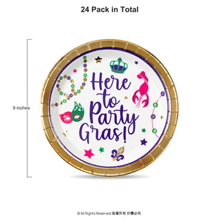 Mardi Gras Paper Plates with Gold, Green, Purple "Here to Party Gras"