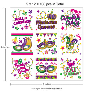 108 pcs Mardi Gras Carnival Temporary Tattoos Green Purple Gold Pink Media 1 of 6