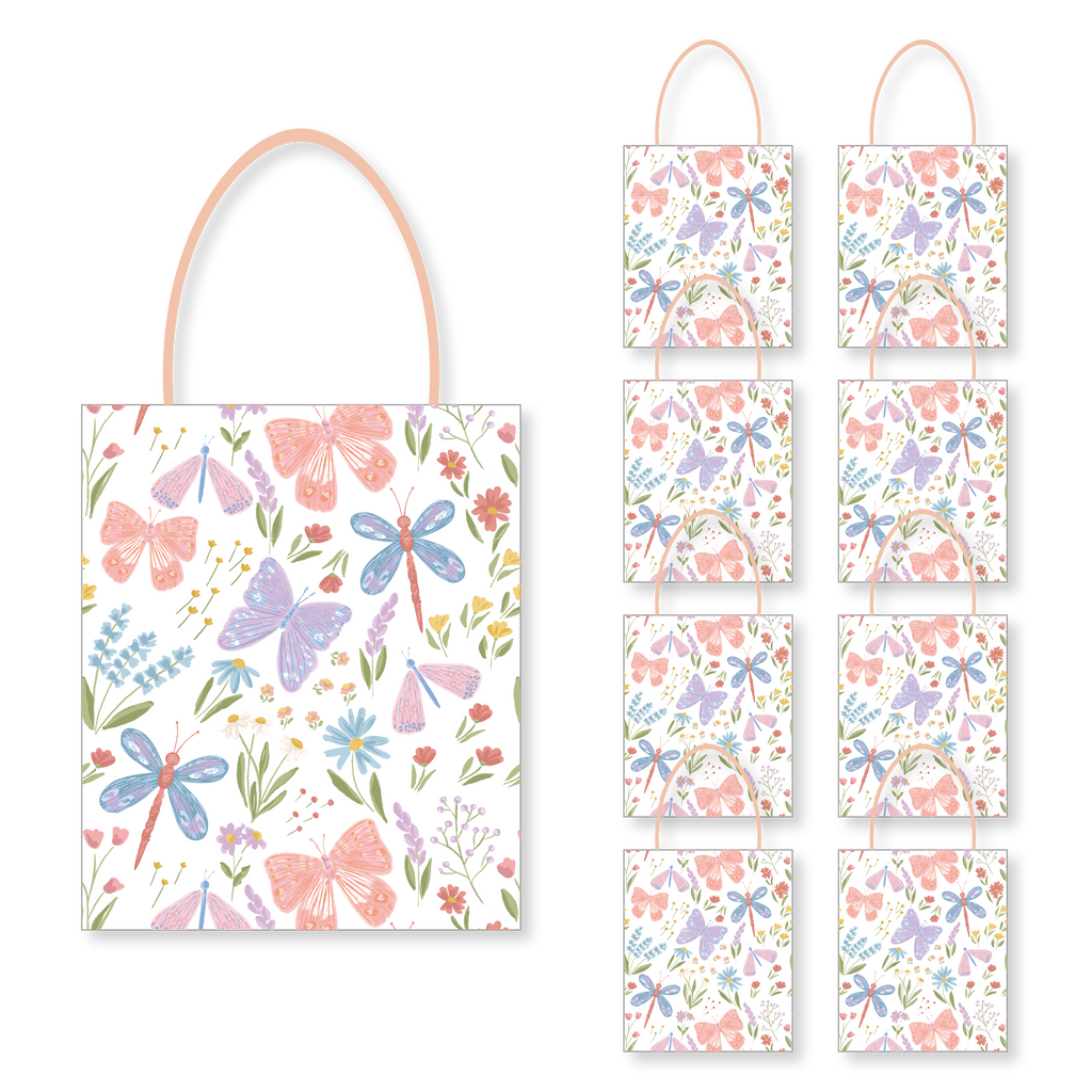 Butterfly & Dragonfly Gift Bags - 8pc Pastel Wildflower Party Favor Bags For Garden Themes
