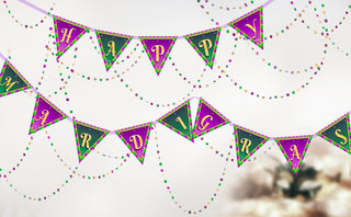 'Happy Mardi Gras' Flag Banner & Bead Garland in Green, Purple & Gold 8