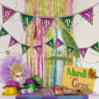 'Happy Mardi Gras' Flag Banner & Bead Garland in Green, Purple & Gold 2
