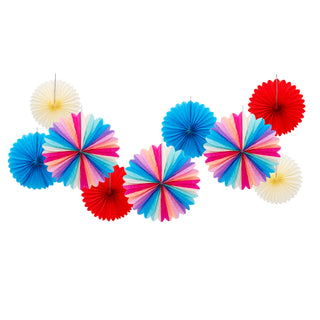 Rainbow Paper Fans Set with Beige, Blue and Red 9 pcs