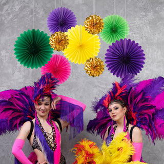 9pcs Mardi Gras Carnival Gold, Green, Purple and Pink Paper Fans Decoration Set 3