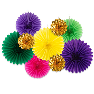9pcs Mardi Gras Carnival Gold, Green, Purple and Pink Paper Fans Decoration Set 1