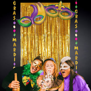 Gold Green and Purple Carnival Mask Mardi Gras Doorway Curtains And Garland Decorations Set 2