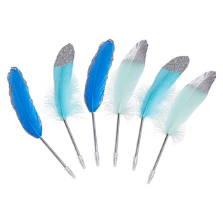 Silver and Blue Feather Pens for Party Reception (6pcs) 