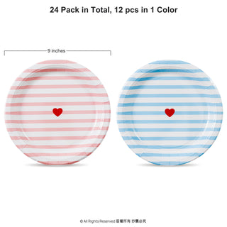 Valentine’s Day Paper Plates in Blue and Pink Stripes 24 pcs