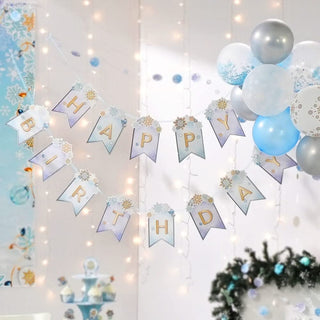 Snowflake Happy Birthday Flag Banners in Blue and White (2 pcs) 2