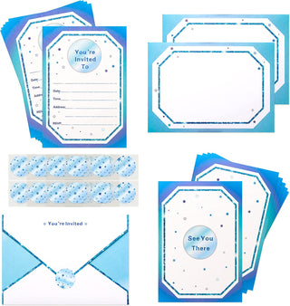 12 Set Glitter Blue You Are Invited Party Invitations Neutral Party Card with Envelops and Stickers 1